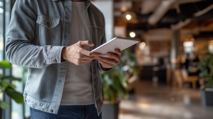 close up person standing in a modern office space, dressed in smart casual attire, holding a digital tablet with an attentive posture