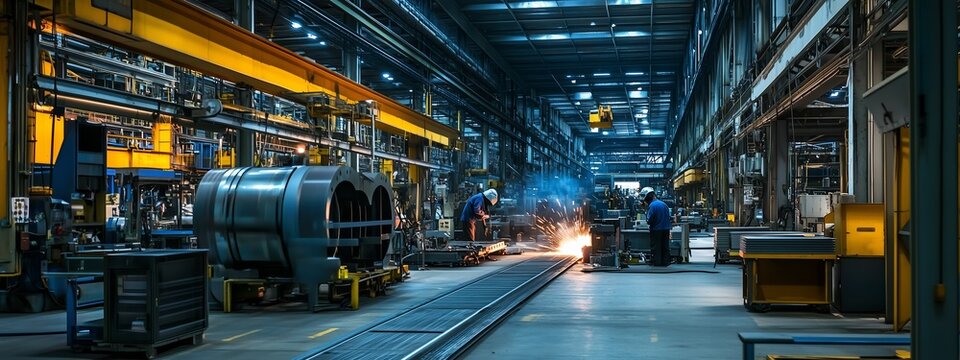 Workers engaged in metal fabrication and welding in an industrial workshop during the evening hours