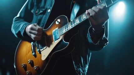 Obraz premium Musician playing guitar studio background soft lighting minimal details