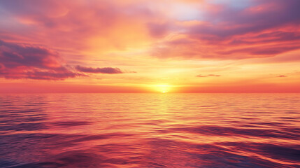 Fototapeta premium Golden sun reflecting on calm ocean waters during sunset, with warm tones of orange and purple blending together, creating a tranquil and peaceful background.