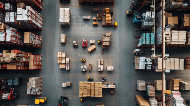 Aerial view of warehouse logistics operations with workers arranging packages and boxes in a large storage facility
