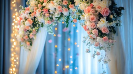 Wedding arch decorated with flowers and ribbons, soft lighting with space for a message