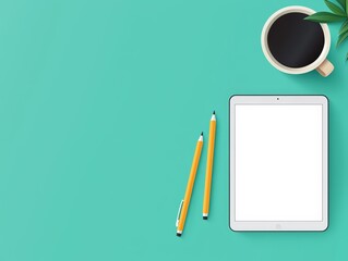 Simple workspace with tablet showing e-learning materials, high angle shot, 3D Render by Blender