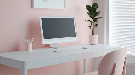 Obraz premium Clean white desk with tablet displaying online course, extreme close-up, 3D Render by Blender