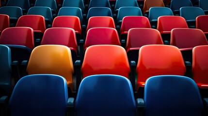 Fototapeta premium Close-up of empty stadium seats, vibrant colors, with ample copy space for text or branding