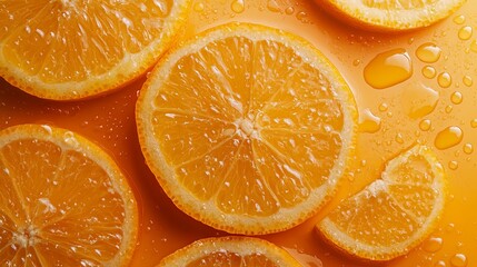 Orange slices bursting with water droplets on a vivid orange backdrop,  freshness and energy.