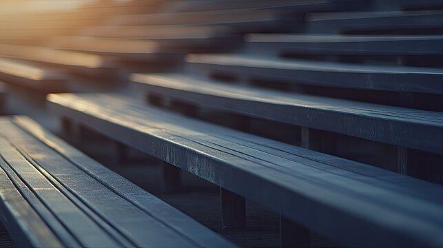 Close-up of empty bleachers in a stadium, soft lighting, with copy space for message or branding
