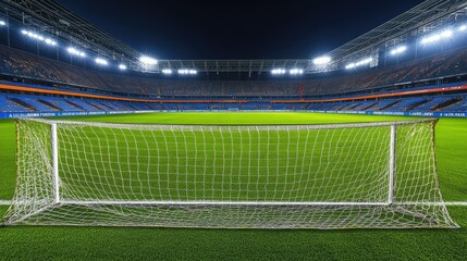 Obraz premium Empty goal in an overseas stadium with clean field and ample room for copy space