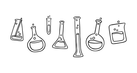 Vector line illustration of chemical flasks. Doodle style. Hand drawn