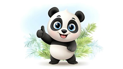 Naklejka premium Cute Cartoon Panda Bear Giving Thumbs Up With Tropical Leaves
