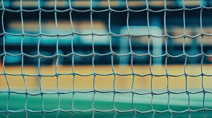 Empty soccer goal in a stadium, close-up of net and post, wide space for text or branding