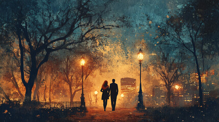 Fototapeta premium A couple enjoying a romantic evening walk in the park. 