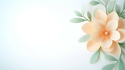 Peach Paper Flower with Green Leaves on White Background