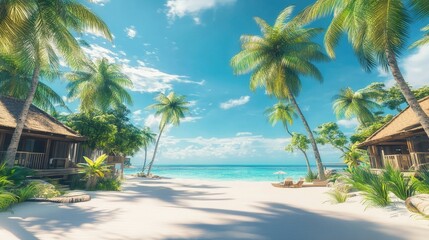 A beautiful holiday resort with palm trees and clear skies, no people, and room for tex