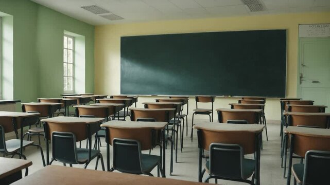 Empty classroom with chalkboard and rows of desks with chairs. Break at school. 4k video footage