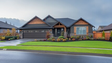 A beautiful house with a modern design in a suburban city neighborhood, ample copy space available