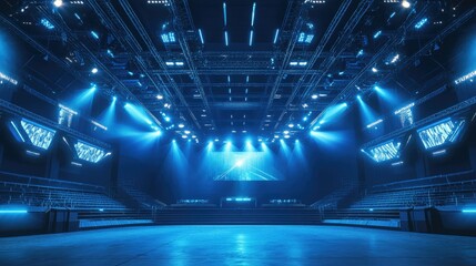 A futuristic concert venue, no audience, lights flashing, with room for copy or text