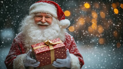 Santa claus with christmas presents in his hands, christmass lights and snowfall in the background, big editable space