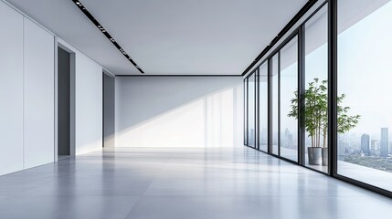 Fototapeta premium A minimalist urban house with large windows and no people, with ample space for copy