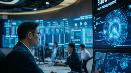 A dynamic gathering of Chinese cybersecurity experts analyzing digital threats in a high-tech control center at night
