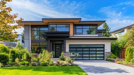 A modern home in a stylish urban neighborhood, no people, with clear room for branding