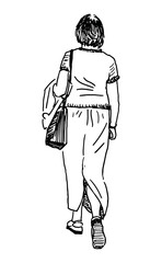 Hand drawing of casual city woman with handbag bag walking alone outdoors on summer day, realistic vector sketch isolated on white