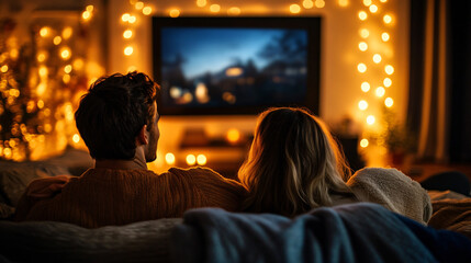  A couple enjoying a cozy evening watching a movie at home. 