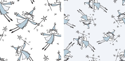 Fototapeta premium Seamless patterns of doodle drawings cheerful cartoon flying elves girls, hand drawn vector illustration, background, wallpaper, paper, textile