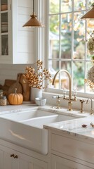 Bright fall kitchen decor: White marble, brass accents, rustic style
