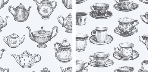 Seamless patterns of sketches  collection various vintage teapots and tea cups, hand drawn illustrations, vector backgrounds, wallpaper, paper