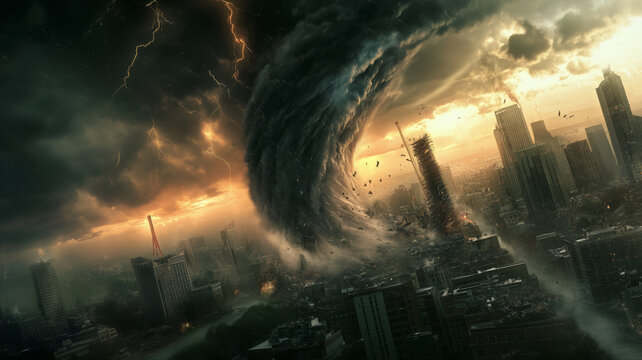 A storm of chaos as a towering city skyline is violently torn apart under dark skies and fierce winds of an impending disaster