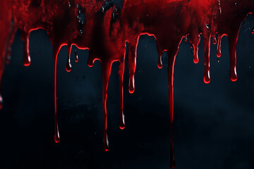 Pouring red blood splatter on dark background, horror and scary concept.