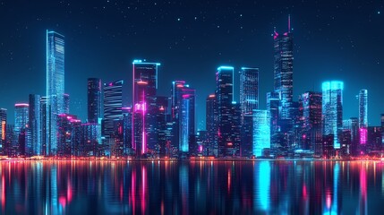 Neon cityscape reflected in the water at night.