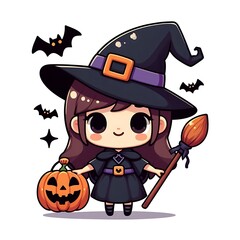 Cute flat-style illustration of a Halloween witch with a playful expression. Perfect for festive designs, kid-friendly Halloween content, and fun seasonal decorations. Simple and whimsical composition