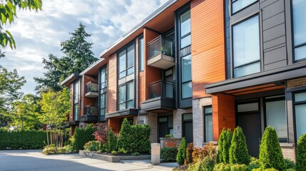 A stylish urban townhouse on a clean street, no people, with plenty of space for text or branding