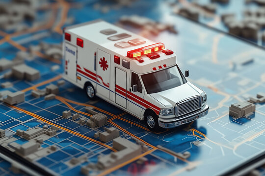 A detailed view of an ambulance on a smartphone's digital map illustrating emergency services in action