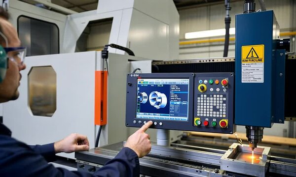 factory worker operating machine panel