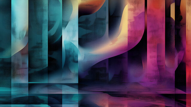 An abstract dance of vibrant colors and layered textures, where fluid shapes merge seamlessly into a mesmerizing spectrum of light and shadow