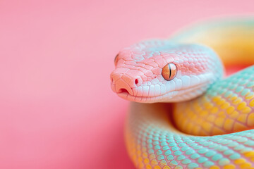 A pastel-colored snake resting on a soft pink background. Ideal for modern and minimalist animal designs.