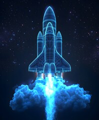 Obraz premium Abstract space shuttle launches into space. Glowing rocket and smoke under it. Digital start-up and success concept.