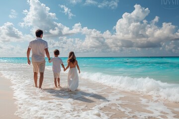 A father walks with his two children on a sandy beach, enjoying a sunny day
