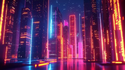 Obraz premium A futuristic city lit by neon lights and glowing with a vibrant, colorful energy.