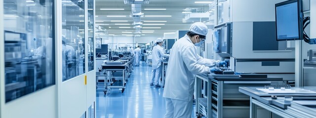 A laboratory technician conducts research in a cleanroom facility during daytime operations focused on precise measurements and technology development