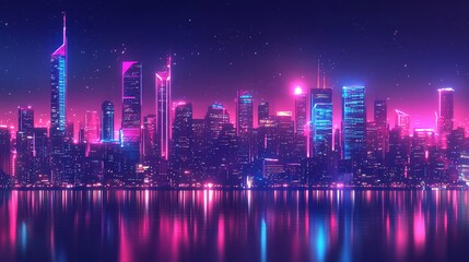 Fototapeta premium Futuristic cityscape with neon lights reflecting in water.