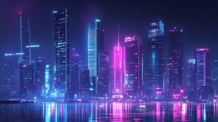 Fototapeta premium Futuristic cityscape with neon lights reflecting in the water.