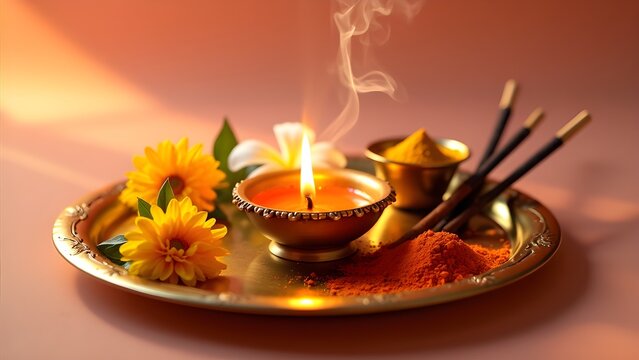 Traditional Puja Plate with Diyas, Flowers, and Incense