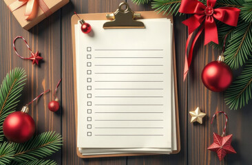 Christmas checklist or shopping list on clipboard lying on wooden desk