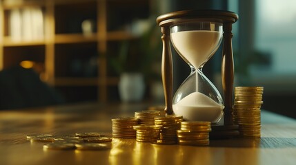 Financial theme featuring an hourglass next to stacks of coins. The illustration highlights time management in personal finance and investment
