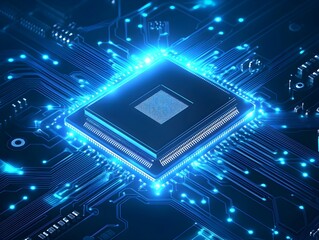Brightly glowing AI chip on light circuit board on technology blue background. CPU processor or semiconductor on tech bg. Computer microchip on motherboard.