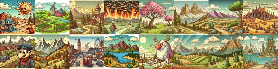Funny cartoon landscapes. AI generated illustration